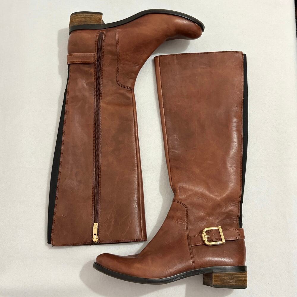 Vince Camuto Leather Riding Boots Womens 7.5 Brown Mid Calf Suede Lined Zip Up